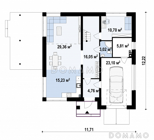 Проект современного двухэтажного дома из газобетона с четырьмя комнатами, гаражом и балконом / План 1 этажа