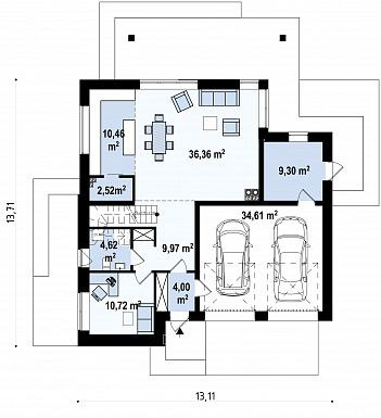 Проект современного двухэтажного дома из газобетона с плоской крышей с четырьмя спальнями, кабинетом и двухместным гаражом / План 1 этажа