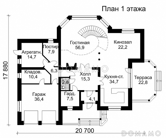 Проект дома из кирпича с кинозалом / План 1 этажа