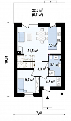 Проект двухэтажного дома из газобетона с кабинетом и балконом / План 1 этажа