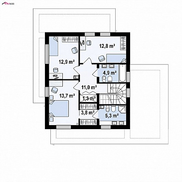 Проект современного двухэтажного дома из кирпича с плоской крышей, четырьмя комнатами, угловым остеклением гостиной и гаражом / План 2 этажа