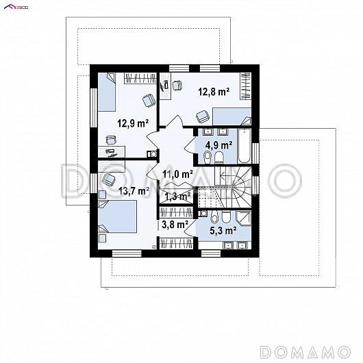 Проект современного двухэтажного дома из кирпича с плоской крышей, четырьмя комнатами, угловым остеклением гостиной и гаражом / План 2 этажа