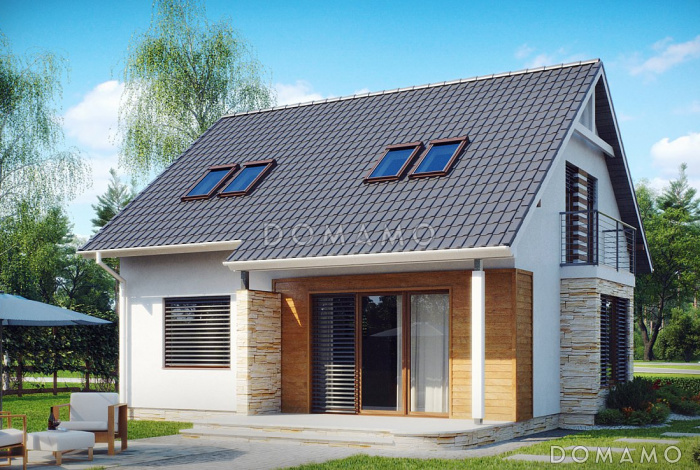 Проект мансардного дома из кирпича с кабинетом, тремя спальнями и балконом