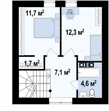 Проект небольшого мансардного дома из кирпича с панорамным остеклением дневной зоны / План мансардного этажа