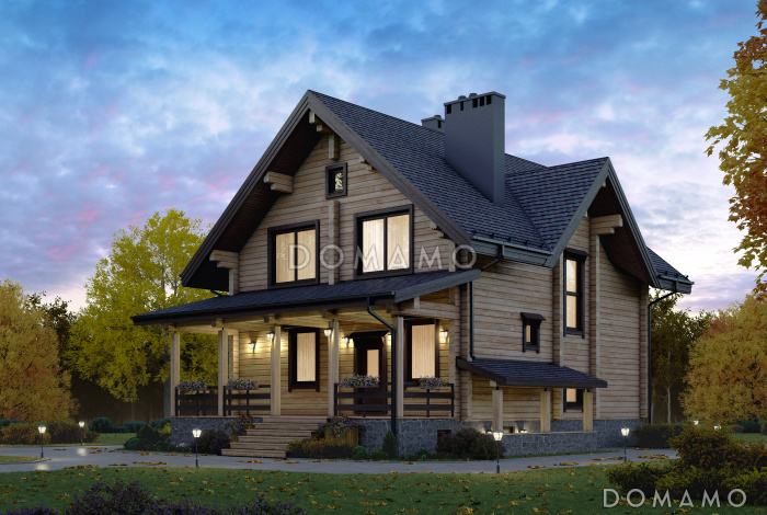 Проект дома из бруса с сауной и просторной комнатой отдыха на цокольном этаже