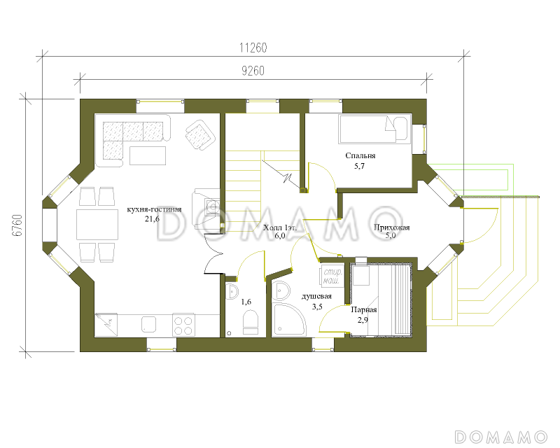 Проект солидного дачного дома с двумя эркерами из кирпича / План 1 этажа