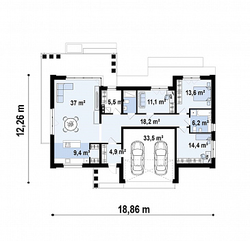 Проект одноэтажного дома с гаражом на две машины, кухней по одной стене с кладовой, кабинетом / План 1 этажа