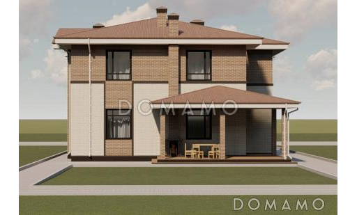 Проект двухэтажного дома из газобетона с двумя каминами на большой террасе и в гостиной / Фасад 2