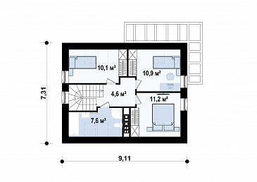 Проект компактного одноэтажного мансардного дома из газобетона с кабинетом на первом этаже и тремя спальнями на мансарде / План мансардного этажа
