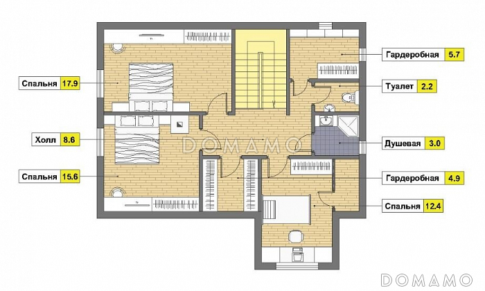 Проект дома из кирпича с навесом для двух машин и крытой террасой / План мансардного этажа