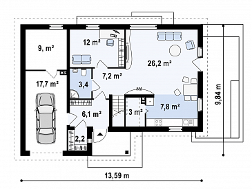 Проект одноэтажного дома из газобетона с угловой мансардой и встроенным гаражом / План 1 этажа