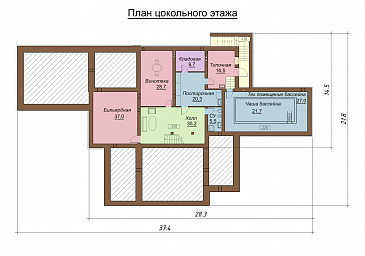 Проект двухэтажного дома с цокольным этажом, бассейном и гаражом на два автомобиля / План цокольного этажа