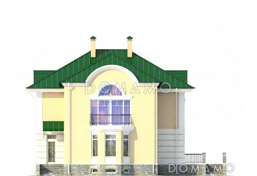 Проект дома с цокольным этажом, бассейном и сауной, кухней с эркером, открытой террасой, бильярдной на мансарде / Фасад 3