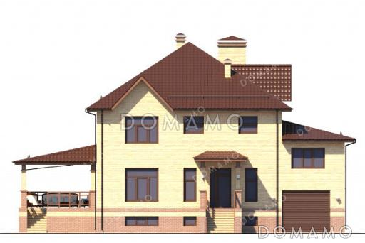 Проект двухэтажного дома с гаражом, оборудованным подвалом и крытой террасой / Фасад 1