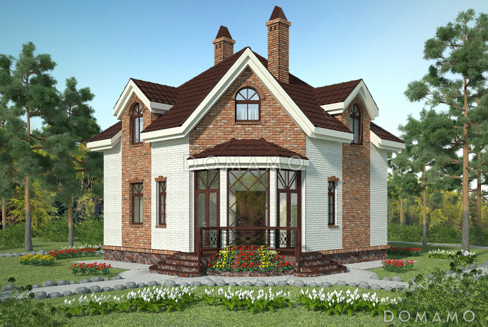 Проект квадратного кирпичного коттеджа  со входом с угла