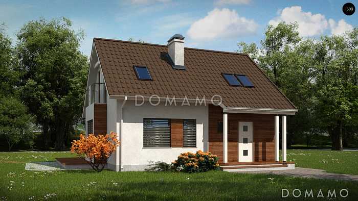 Проект небольшого одноэтажного мансардного дома из газобетона с кабинетом на первом этаже и эркером