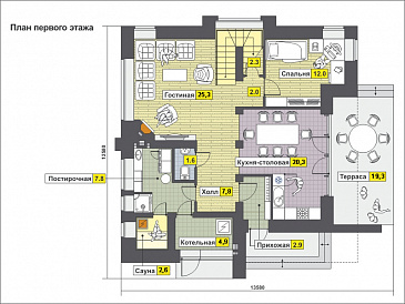Проект загородного дома с просторной гостиной с камином, террасой, сауной на первом этаже, балконом / План 1 этажа