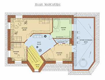 Проект одноэтажного коттеджа с мансардным этажом, гаражом и летней открытой площадкой на крыше гаража / План мансардного этажа