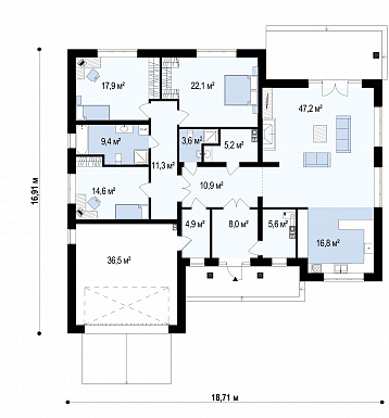 Проект просторного одноэтажного дома из газобетона с тремя спальнями и гаражом на два автомобиля / План 1 этажа