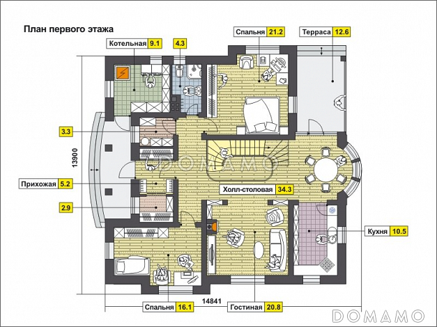 Проект дома с полукруглым эркером, двумя спальнями на первом этаже, вторым светом, ванной с окном, библиотекой / План 1 этажа