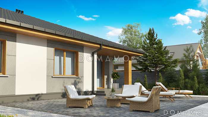 Проект одноэтажного дома с террасой, большой кухней, кладовой