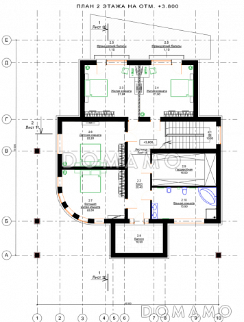 Проект дома с пятью спальнями, открытой планировкой дневной зоны с закругленным углом / План 2 этажа