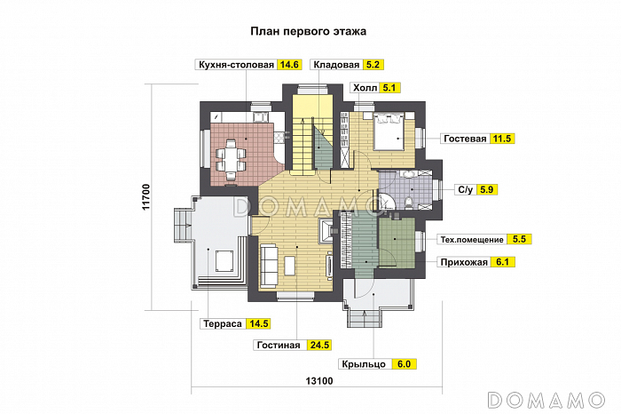 Проект дома по технологии ЛСТК с крытой террасой, кладовой под лестницей. эркерами, гостевой на первом этаже, спальнями и кабинетом на втором этаже / План 1 этажа