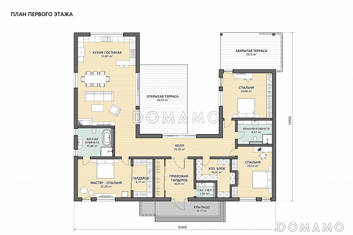 Проект П-образного дома с тремя спальнями, просторной кухней-гостиной, закрытой и открытой террасами / План 1 этажа