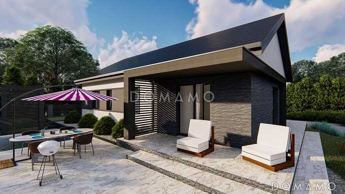 Проект одноэтажного загородного дома простой формы с тремя спальнями,  изолированной кухней