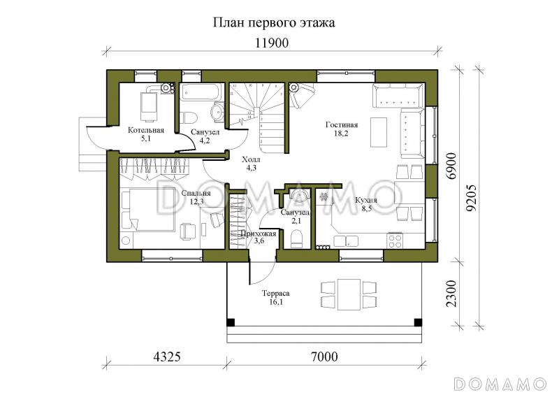 Проект компактного одноэтажного дома с мансардной и четырьмя спальнями / План 1 этажа