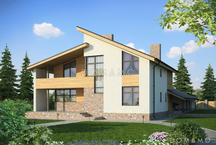 Проект дома с гаражом и навесом для автомобилей, просторной гостиной, спальней на первом этаже, террасой, вторым светом, длинным балконом