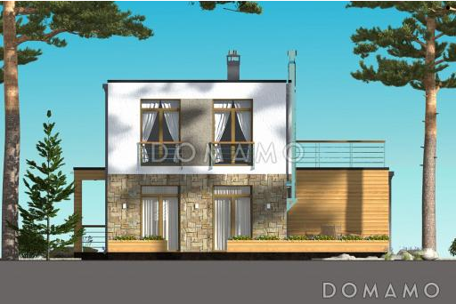 Проект дома с просторной открытой террасой, гаражом, спальнями и большим балконом-террасой на втором этаже / Фасад 3