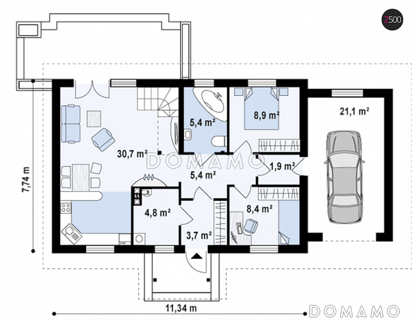Проект одноэтажного дома из кирпича с тремя спальнями на мансардном этаже и гаражом / План 1 этажа