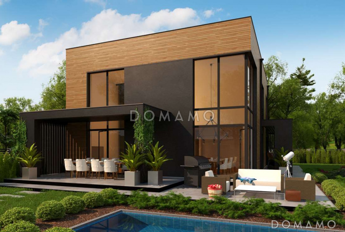 Проект современного двухэтажного дома из газобетона с плоской крышей, четырьмя комнатами, вторым светом и гаражом