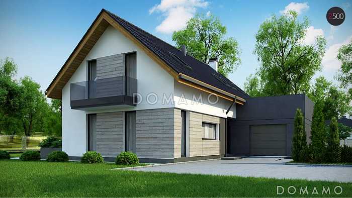 Проект одноэтажного мансардного дома из кирпича с кабинетом, балконом и гаражом