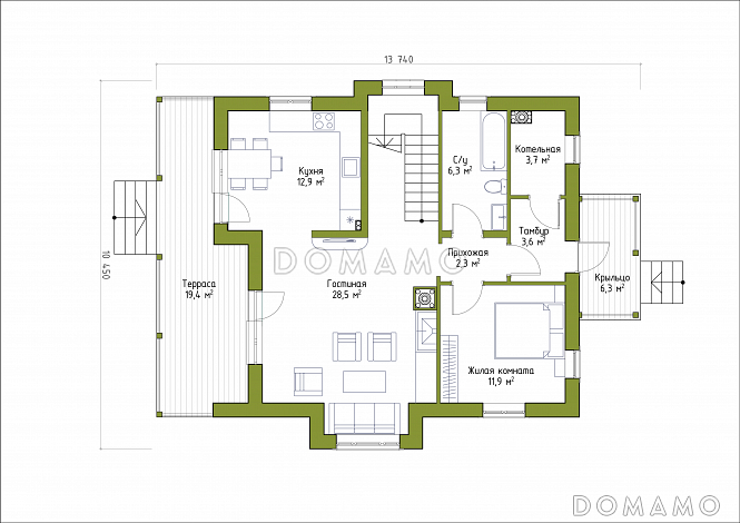 Проект коттеджа из SIP панелей с эркером и террасой. / План 1 этажа