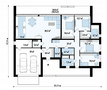 Проект просторного современного одноэтажного дома из газобетона с плоской крышей, большой площадью остекления, с четырьмя спальнями и большим гаражом / План 1 этажа