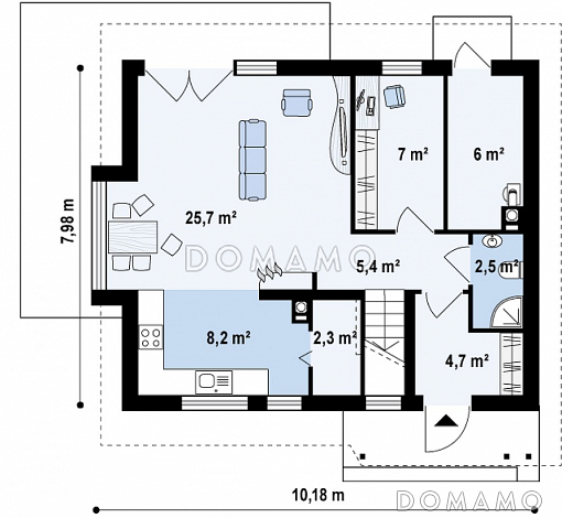 Проект небольшого одноэтажного мансардного дома из газобетона с кабинетом на первом этаже и эркером / План 1 этажа