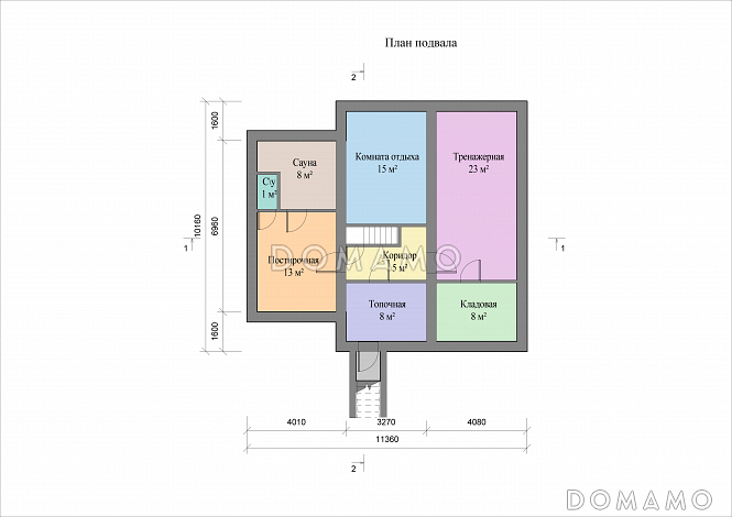 Проект кирпичного дома с цокольным и мансардным этажами, террасой и сауной / План цокольного этажа