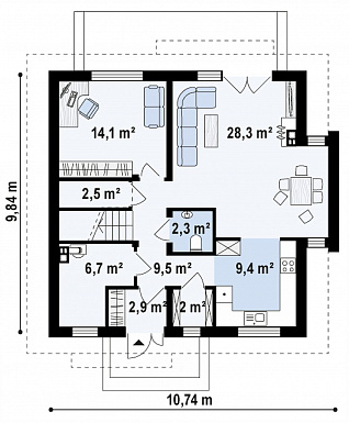 Проект одноэтажного мансардного дома из кирпича с балконом, тремя спальнями и кабинетом / План мансардного этажа