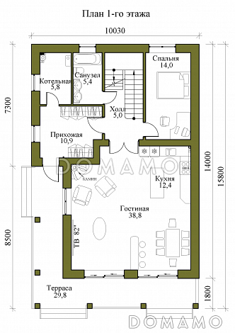 Проект трехэтажного газобетонного дома с пятью спальнями, холодным чердаком и подвалом / План 1 этажа
