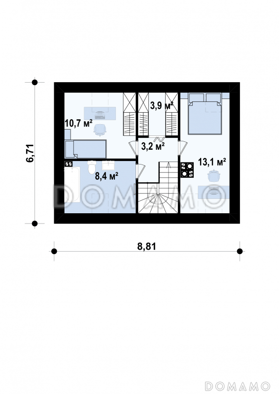Проект компактного одноэтажного мансардного дома из газобетона с тремя спальнями и фронтальной террасой / План мансардного этажа