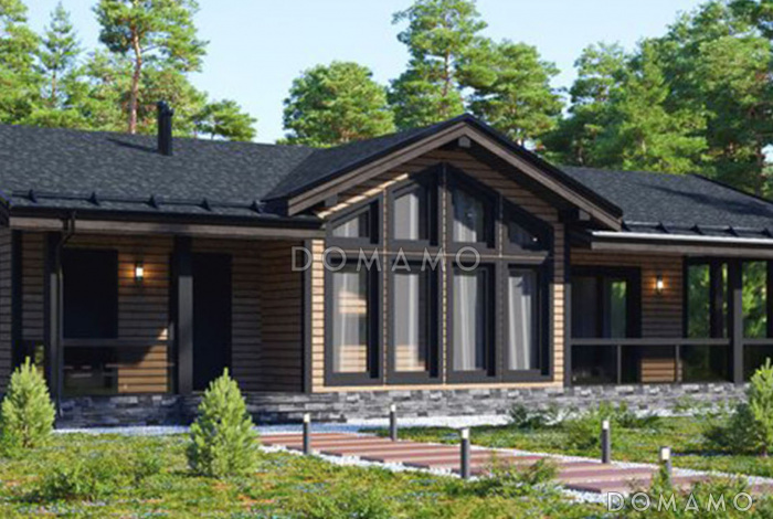 Проект каркасного дома с открытой планировкой и большой террасой