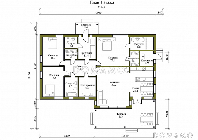Проект одноэтажного дома в стиле хай-тек с полуоткрытой террасой и окнами в пол / План 1 этажа