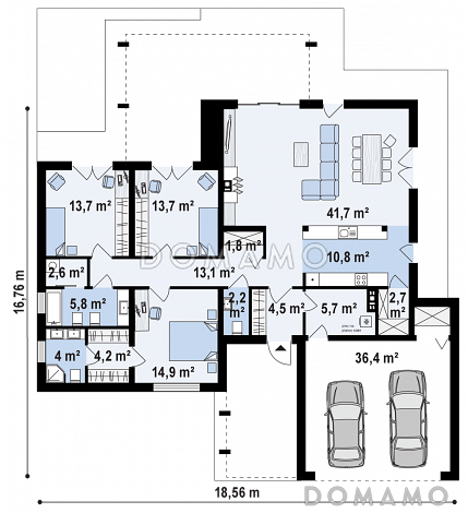 Проект просторного современного одноэтажного дома из кирпича с плоской крышей с тремя спальнями, крытой террасой и гаражом / План 1 этажа