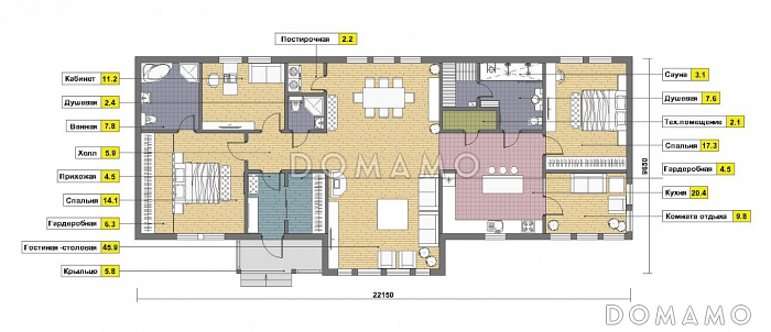 Проект одноэтажного дома из газобетона с сауной / План 1 этажа