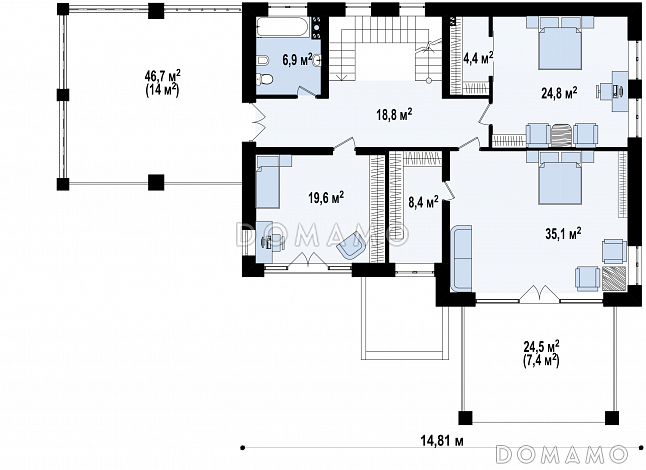 Проект просторного двухэтажного дома из газобетона с четырьмя комнатами, гаражом и террасами на обоих уровнях / План 2 этажа