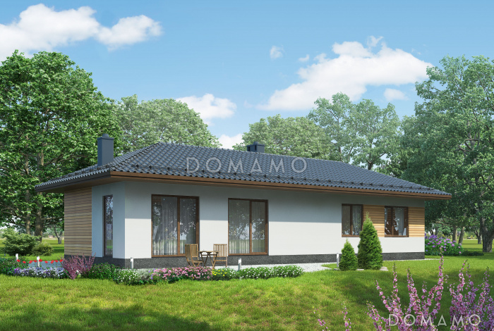 Проект одноэтажного дома из газобетона с большими окнами в гостиной