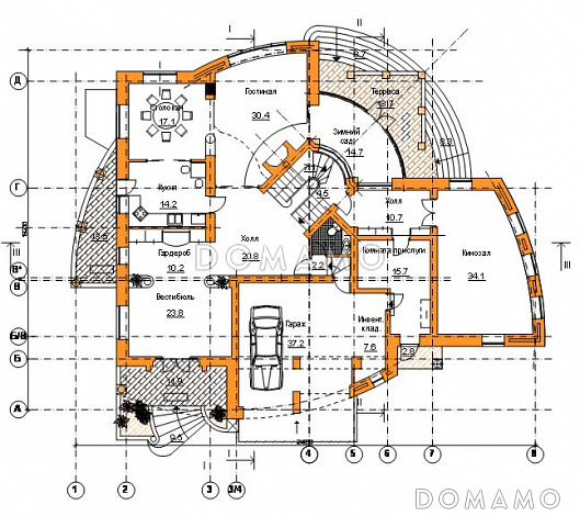 Проект коттеджа с оригинальной планировкой и гаражом на 2 а/м / План 1 этажа