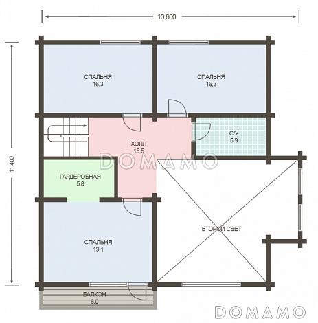 Проект деревянного дома из клееного бруса с большой совмещенной гостиной с кухней / План мансардного этажа